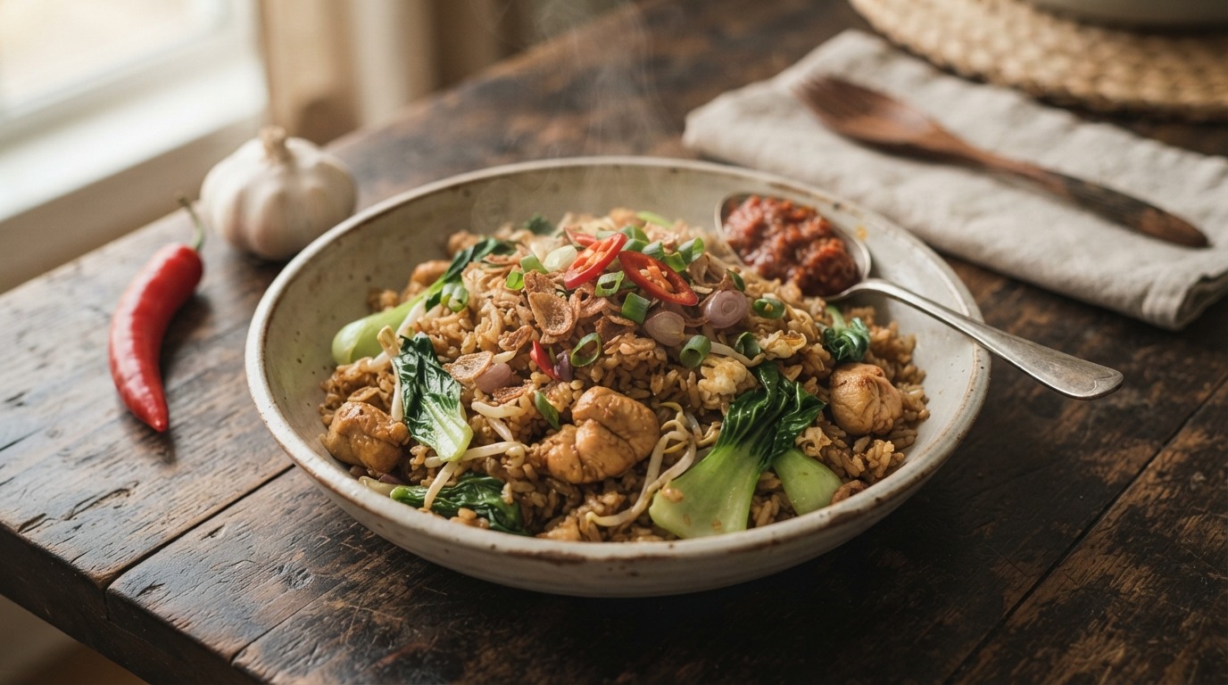 Nasi Goreng paksoi (gebakken rijst met kipfilets met paksoi)