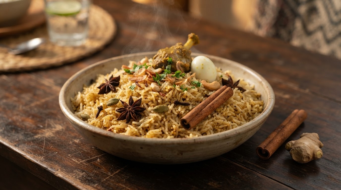Nasi Kebuli ( gebakken rijst met bouillon)