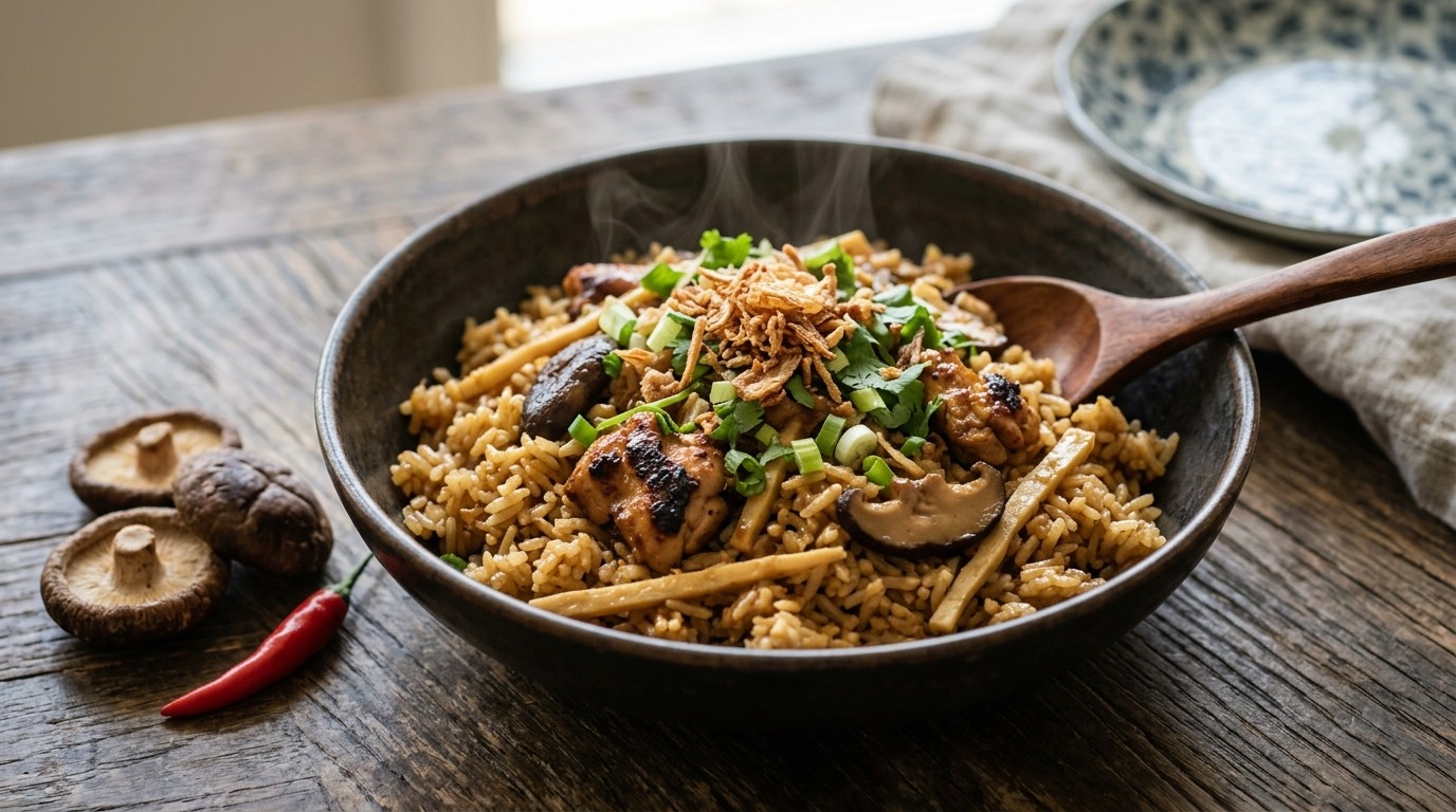 Nasi saté met kip en shii-take