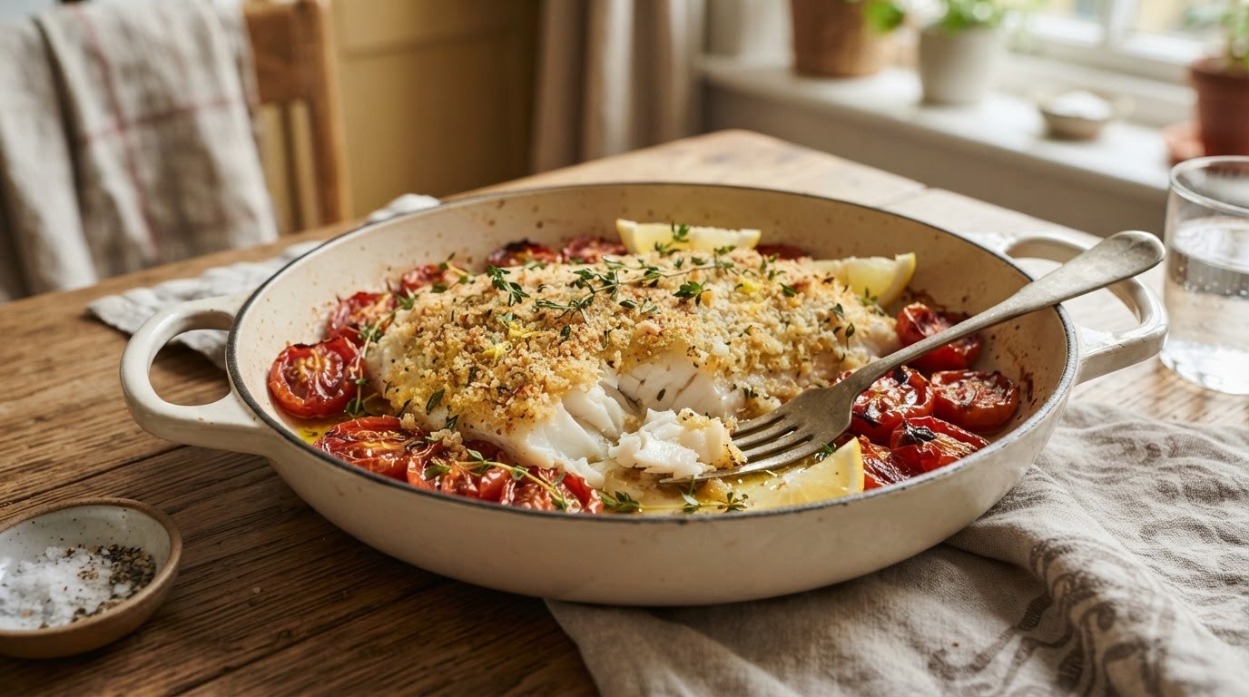 Nijlbaars met kaas en kruidenkorst uit de oven