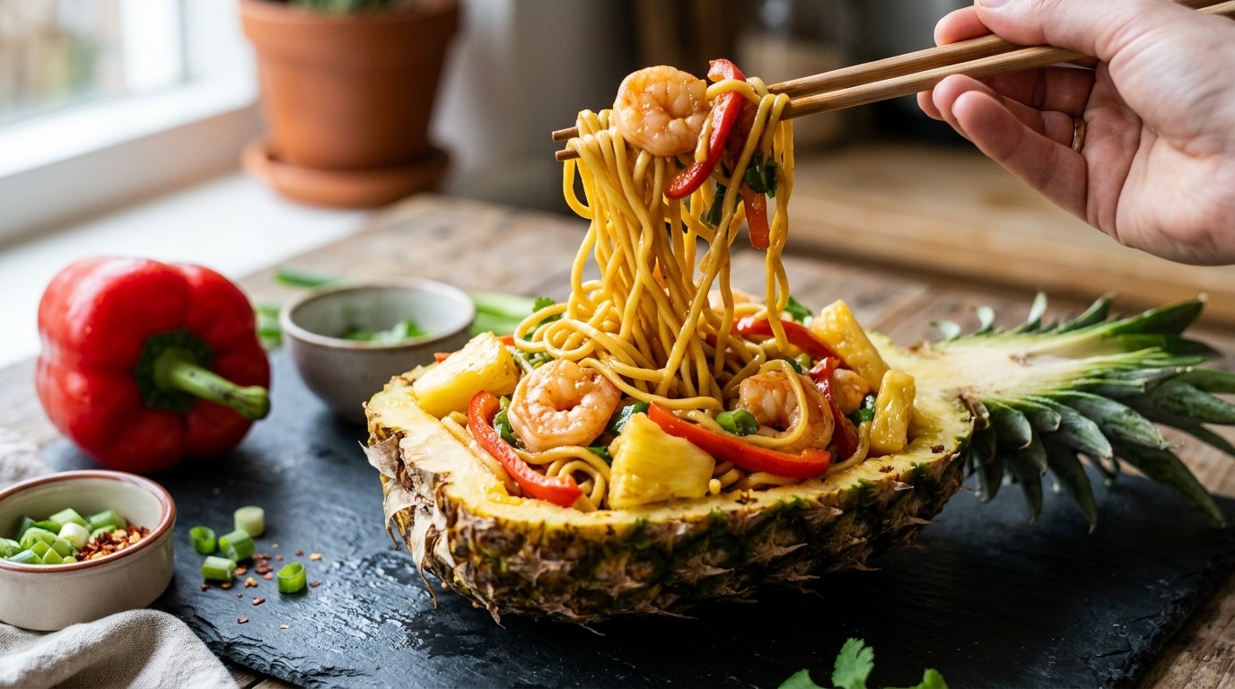 Noodles met Garnalen, Ananas en Zoetzure Saus