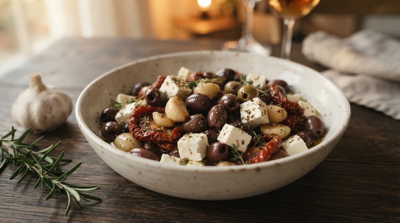 Olijven met feta, gedroogde tomaatjes en knoflook