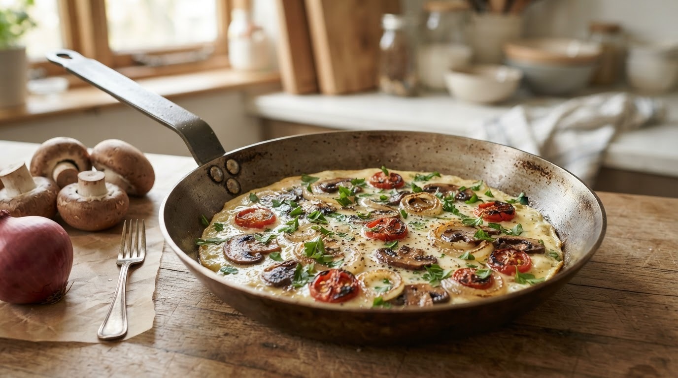 Omelet met tomaten, ui en champignons