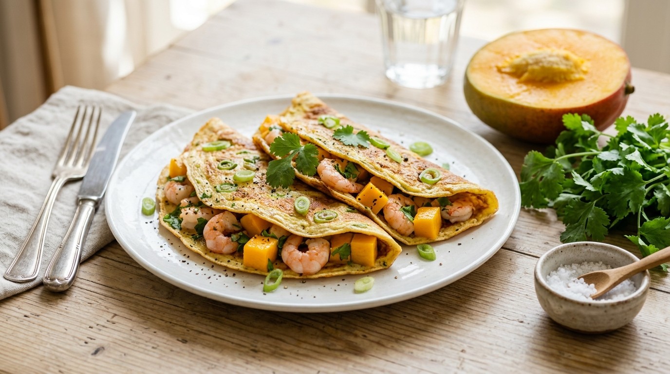 Omeletjes met garnalen en mango