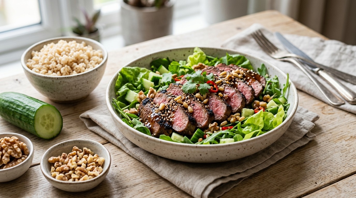 Oosterse biefstuksalade met zilvervliesrijst