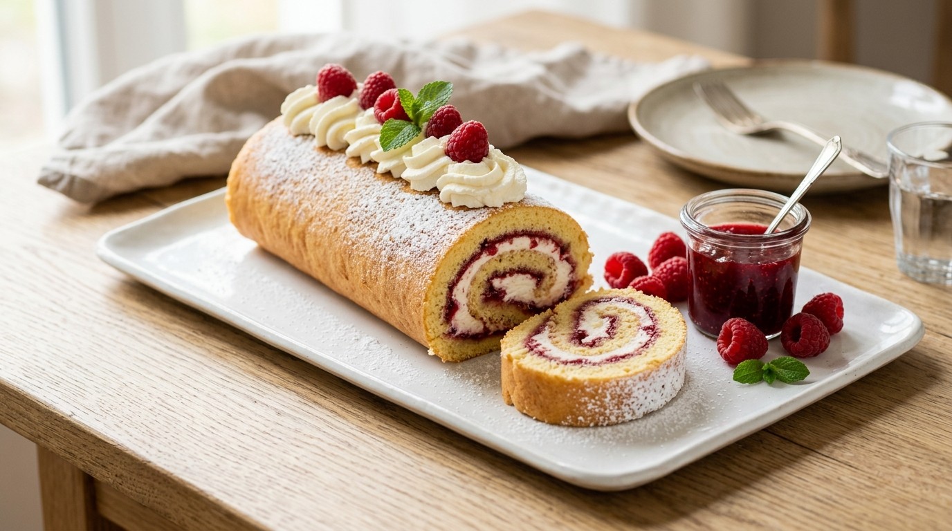 Opgerolde cake met slagroom