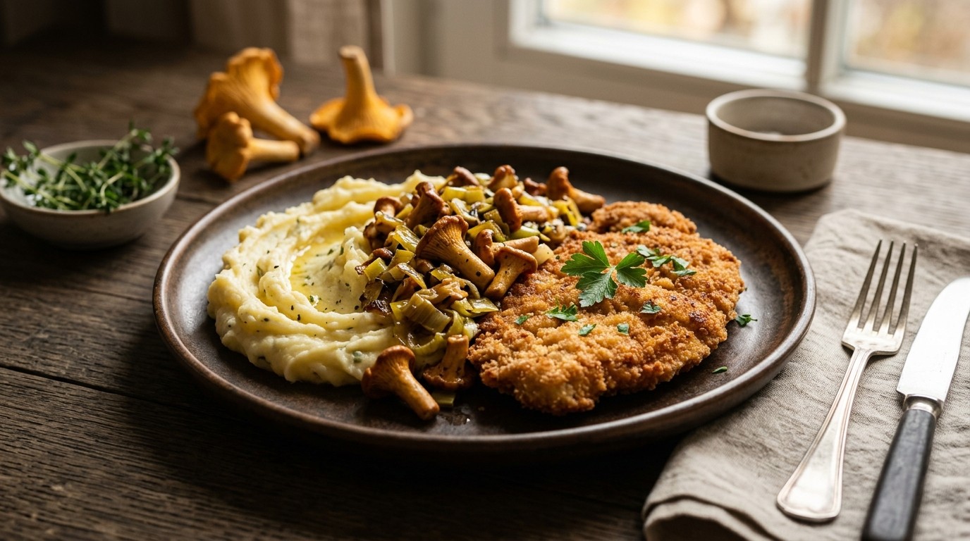 Ovenschnitzel met Prei, Cantharellen en Aardappelpuree