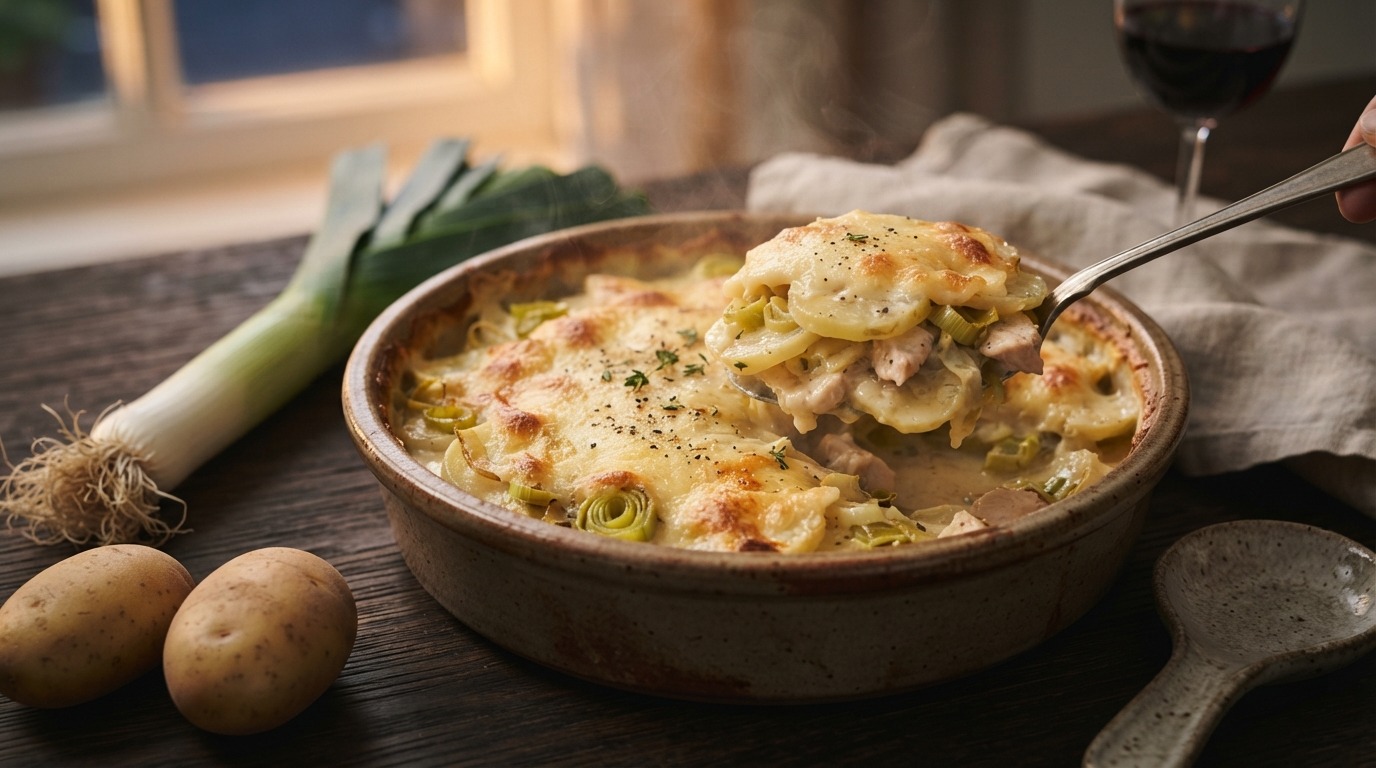Ovenschotel met aardappel en prei