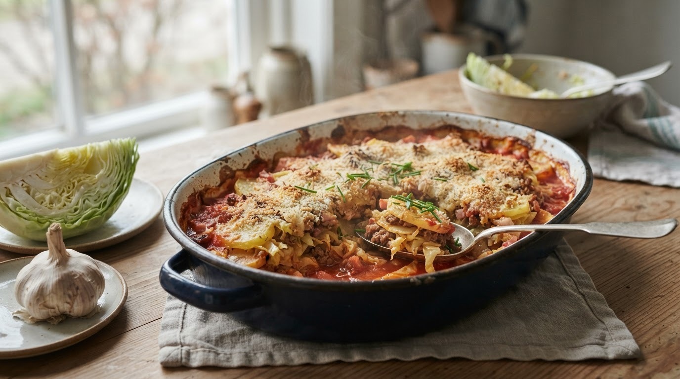 Ovenschotel met aardappelen en spitskool