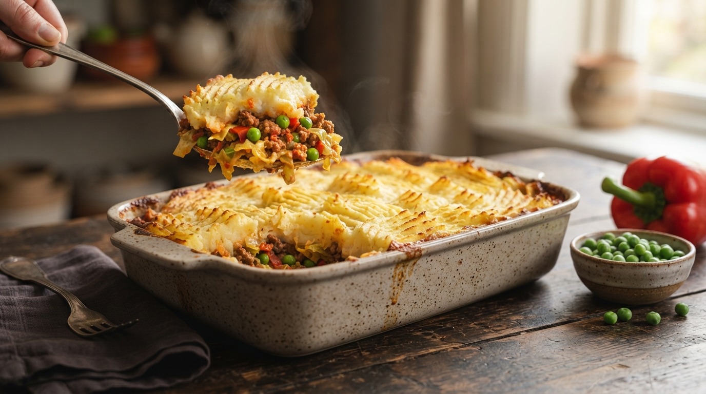 Ovenschotel met aardappels, gehakt en groente