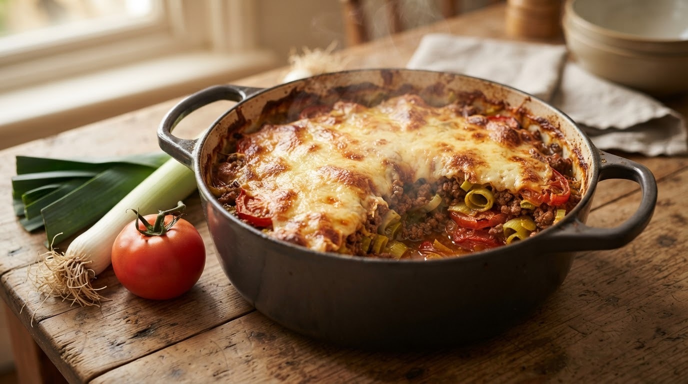 Ovenschotel met gehakt, prei en tomaat