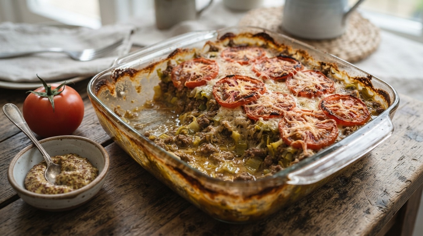 Ovenschotel met gehakt, prei, mosterd en tomaat