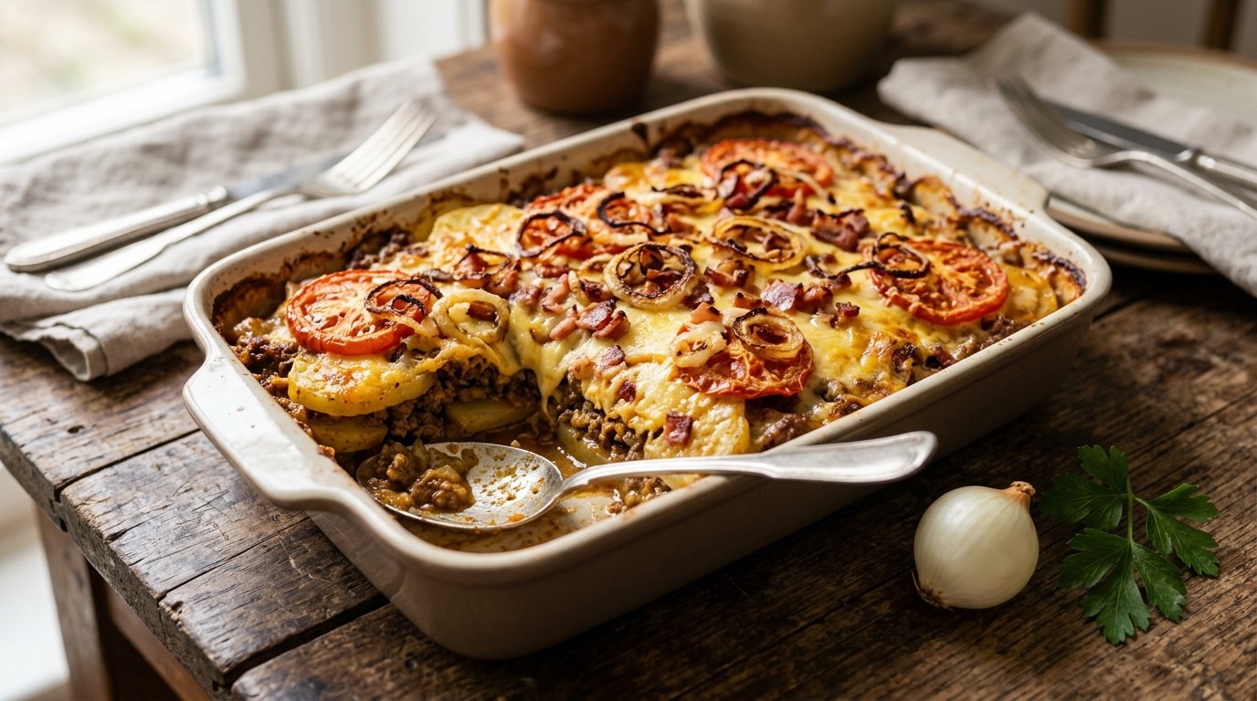 Ovenschotel met Gehakt, Tomaten en Spekjes