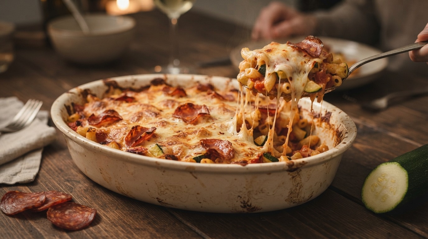 Ovenschotel met pasta en salami