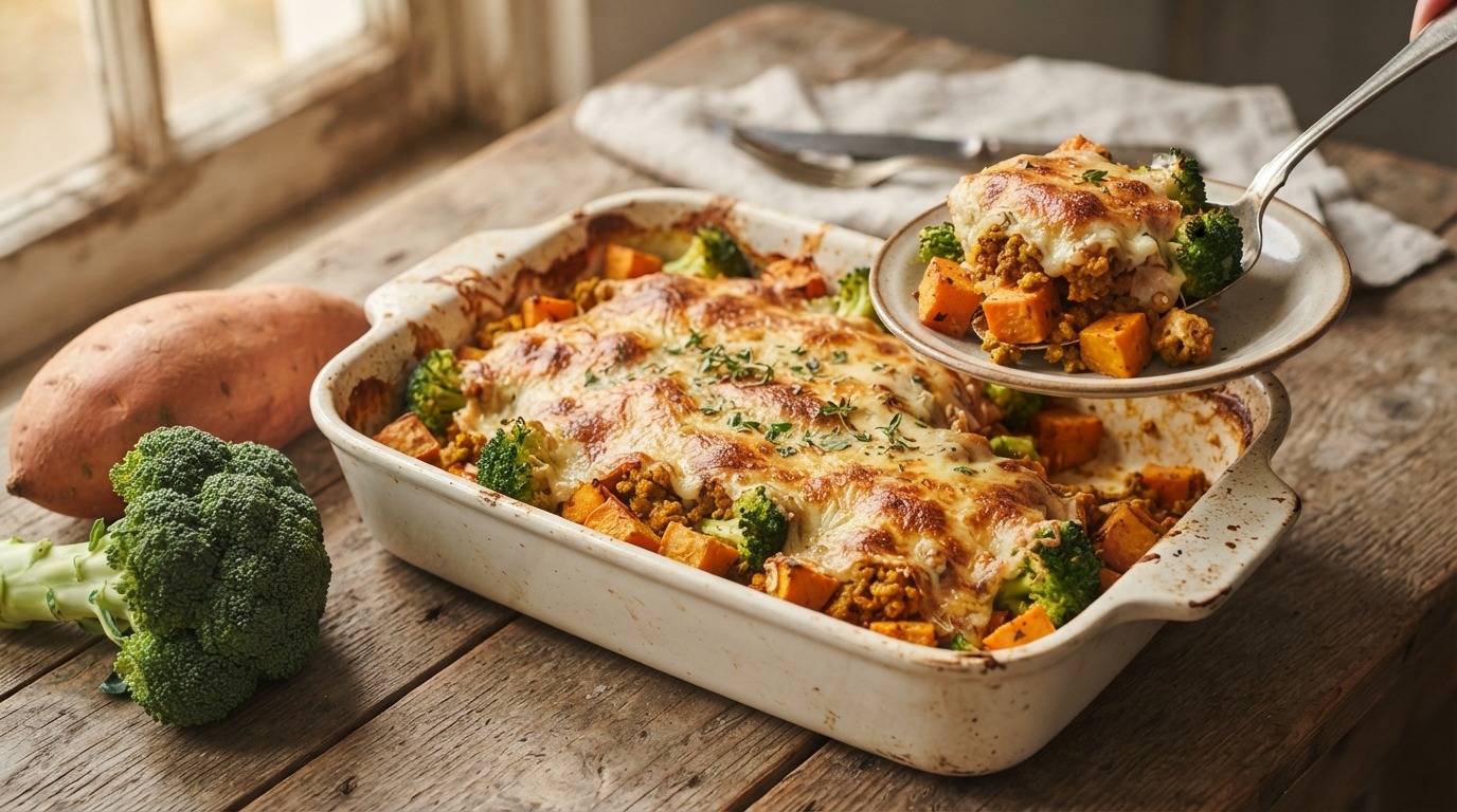 Ovenschotel met rode aardappel, gehakt en broccoli