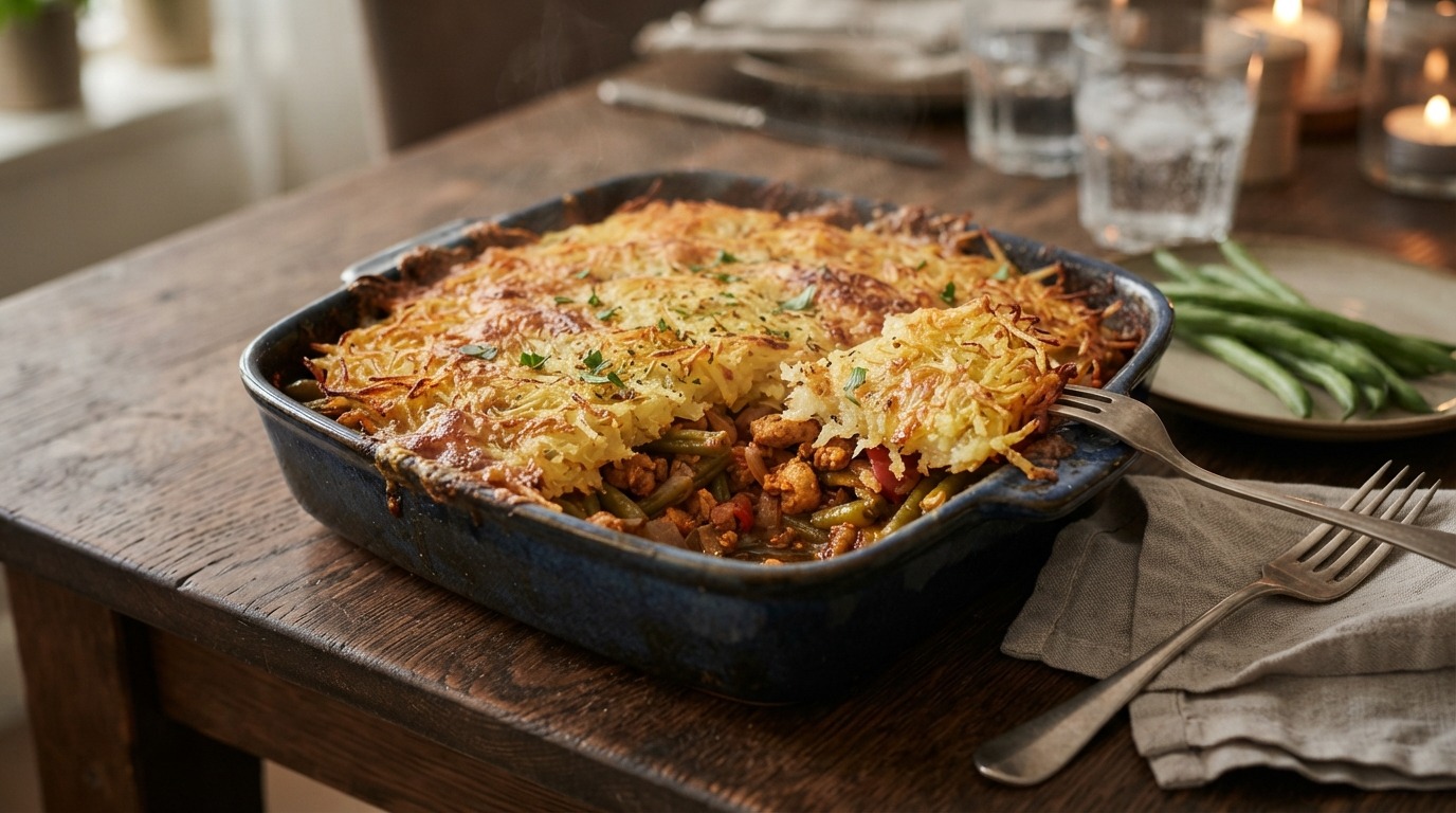 Ovenschotel met shoarma, sperzieboontjes en rosti