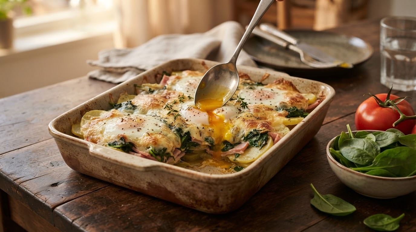 Ovenschotel met spinazie, ham en ei