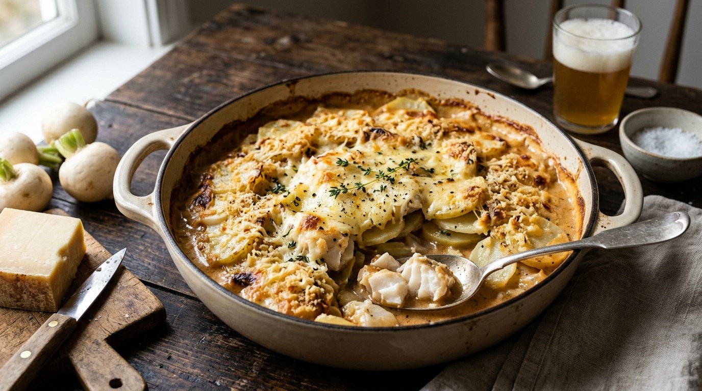 Ovenschotel van kabeljauw en heilbotfilet met witbier