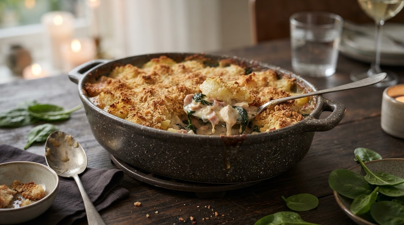 Ovenschotel van Kippenragout, Spinazie en Aardappels