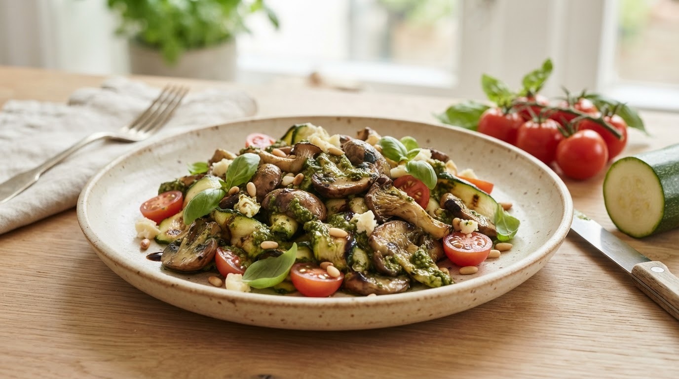 Paddenstoelensalade met courgettes en groene pesto