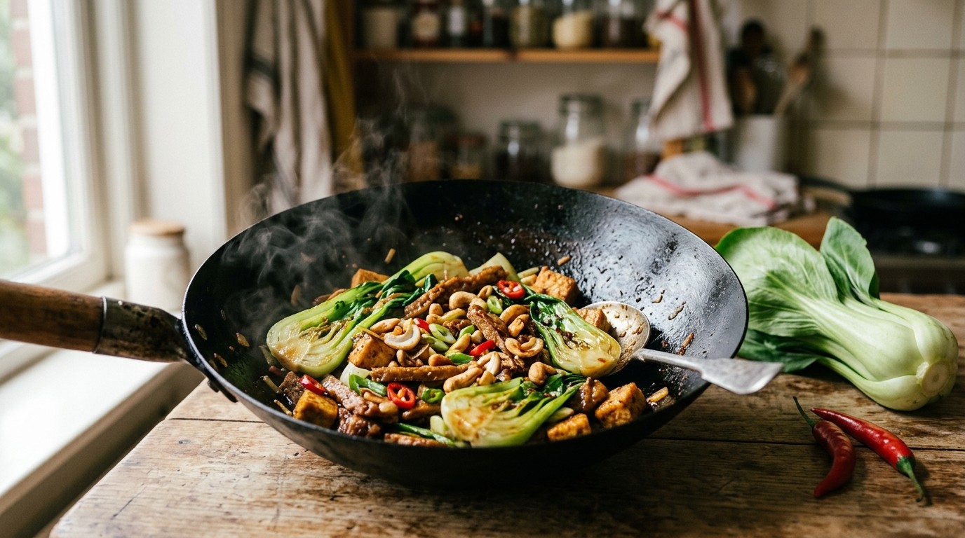 Paksoi met tarly, tofu en cashewnoten