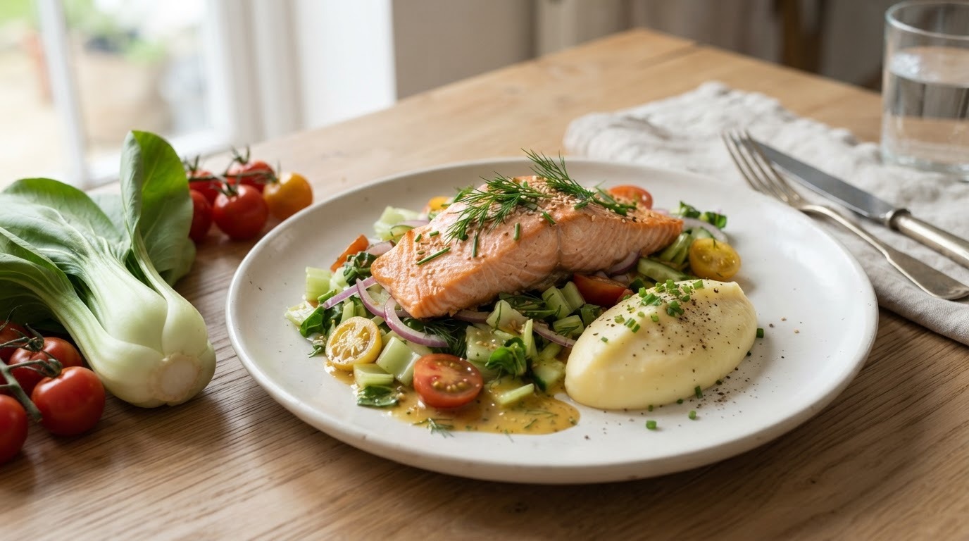 Paksoi-zalmsalade met smeuïge aardappelpuree