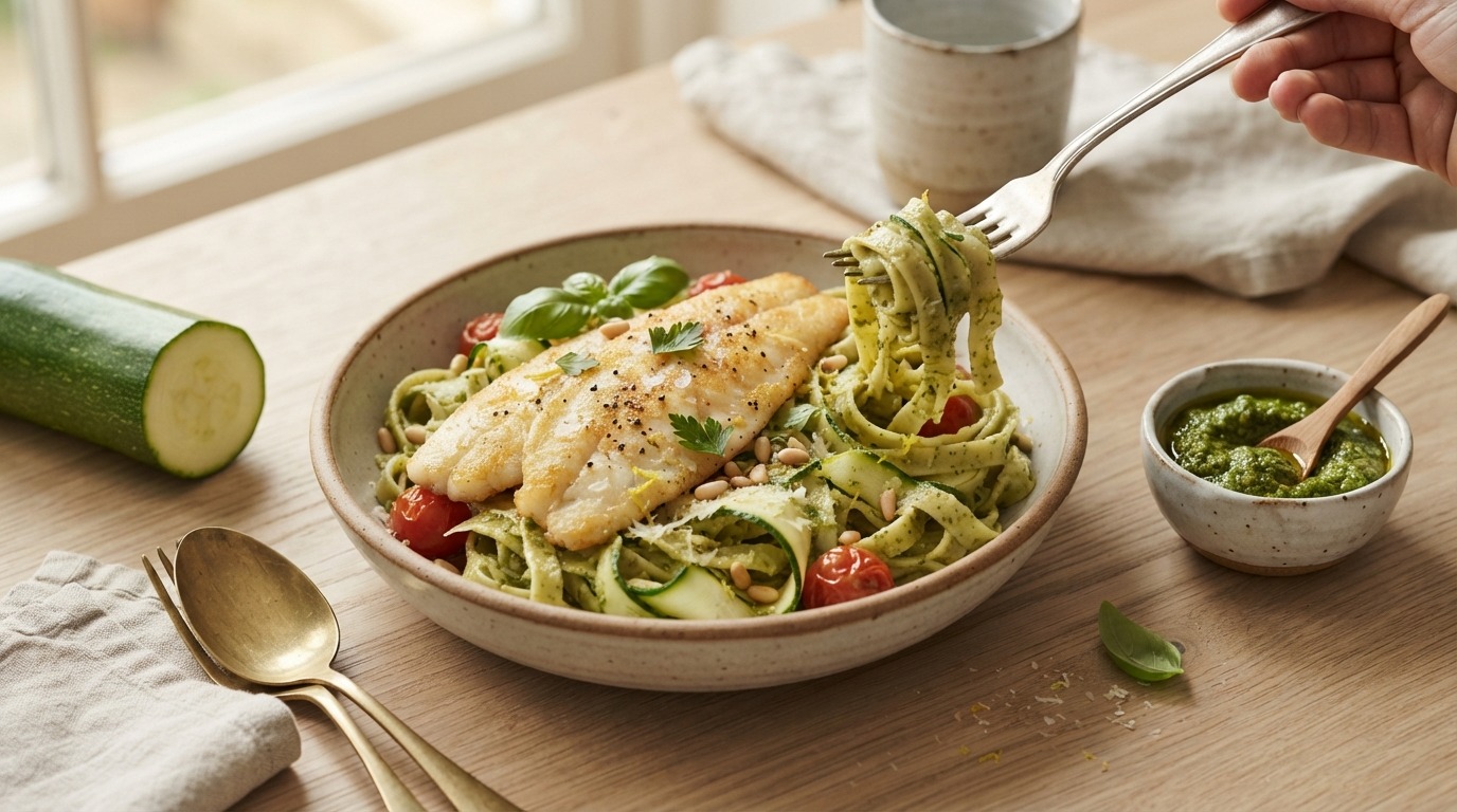 Pangafilet met courgette, pesto en pasta