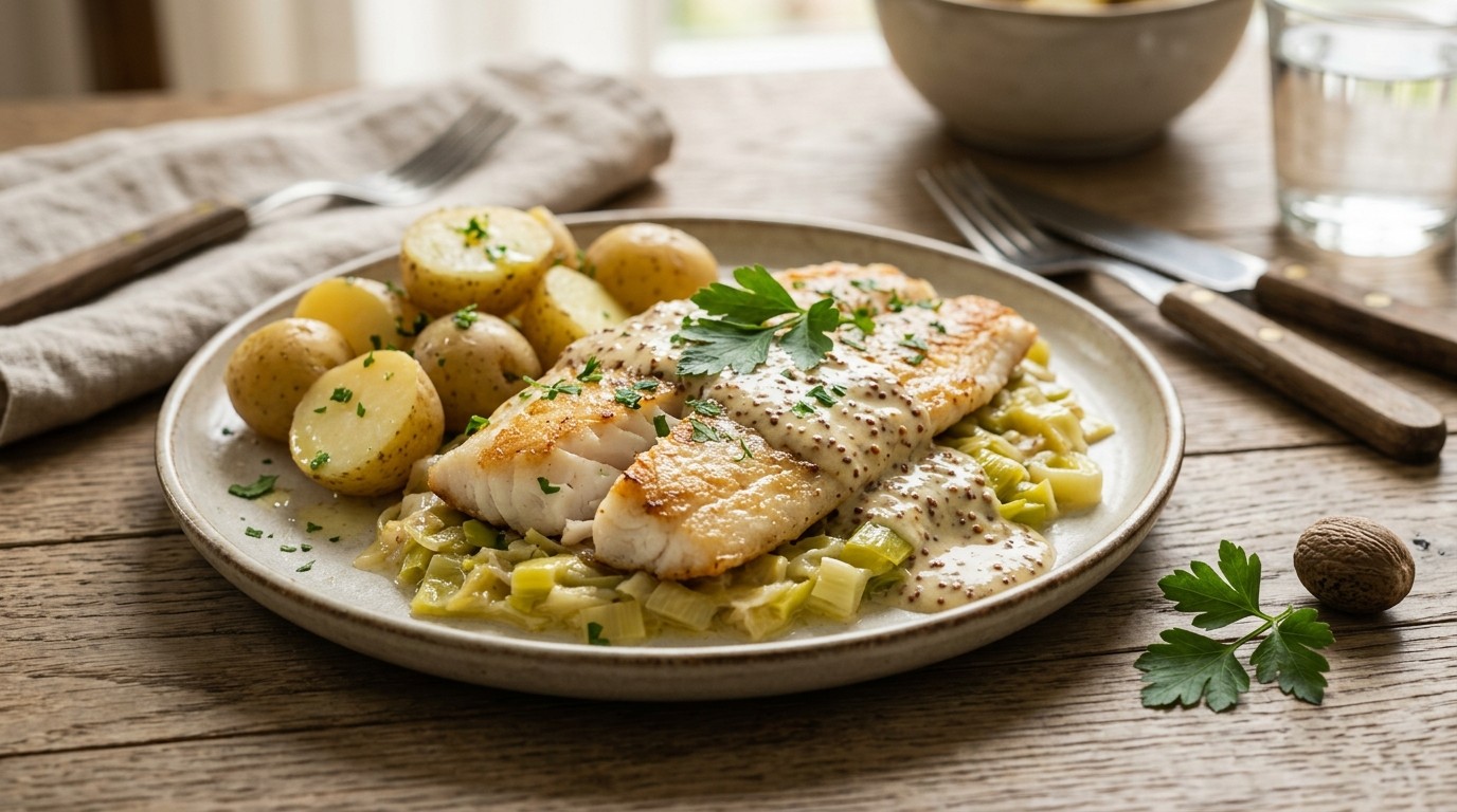 Pangasius met Prei en Mosterdsaus