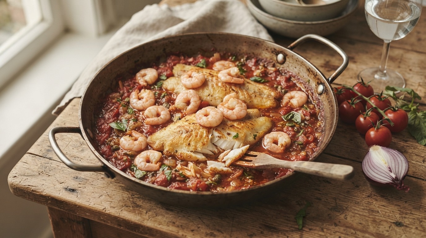 Pangasiusvisfilet met Tomatensaus en Garnalen