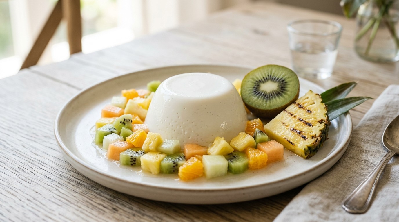 Panna cotta van kokos met exotisch fruit