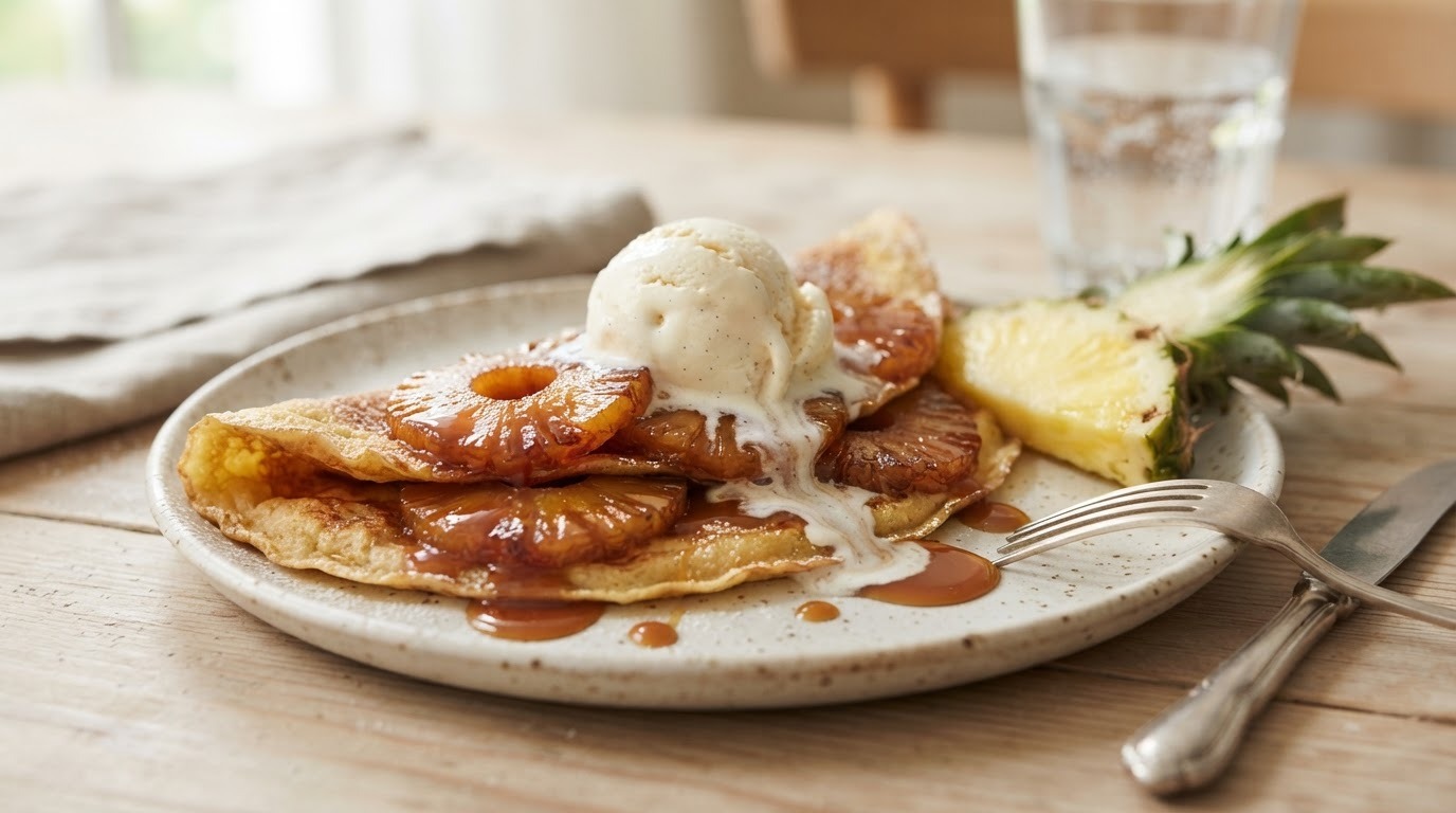 Pannenkoek met gekarameliseerde ananas