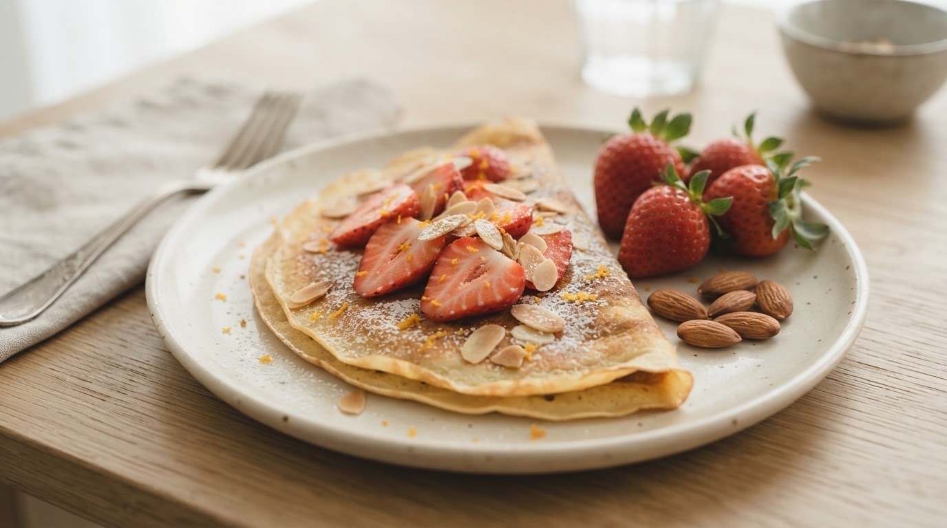 Pannenkoeken met amandelen en aardbeien