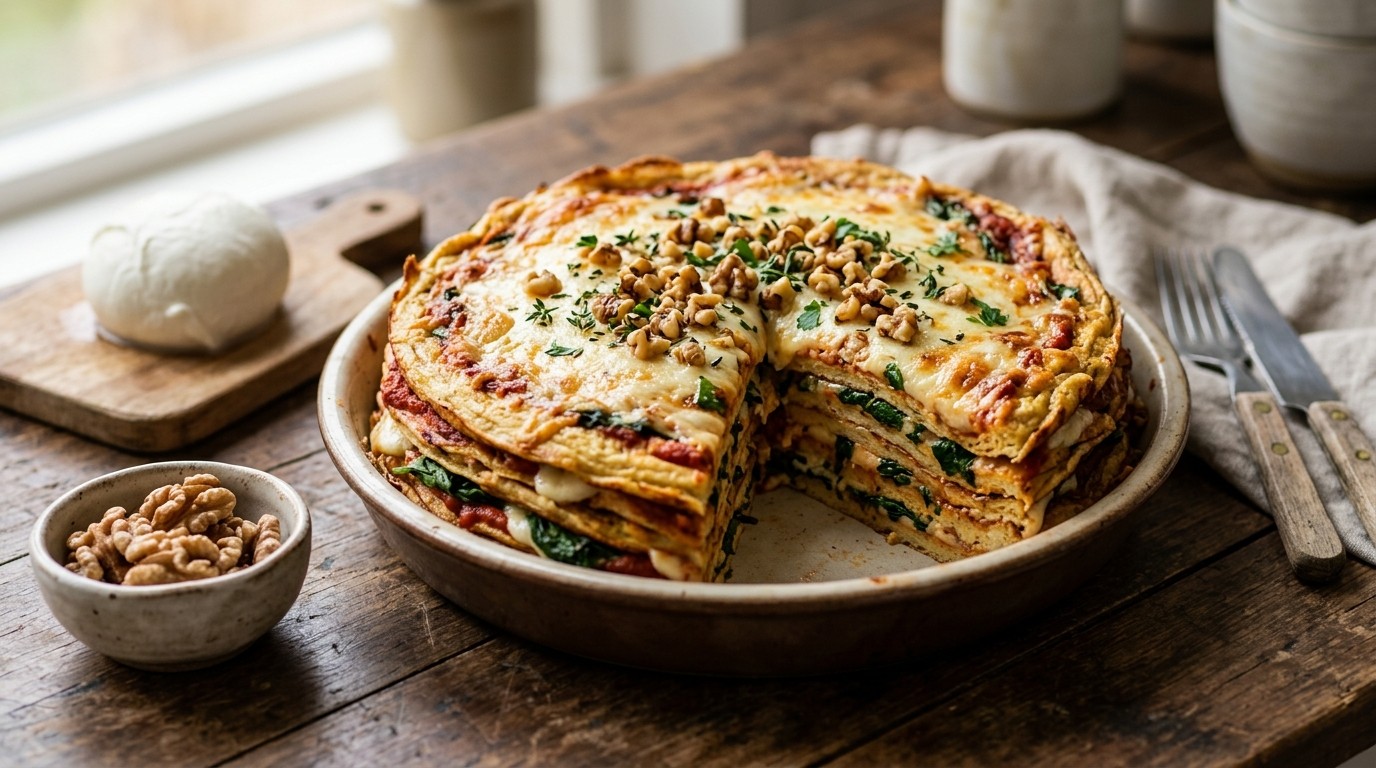 Pannenkoekentaart met Spinazie en Tomatensaus