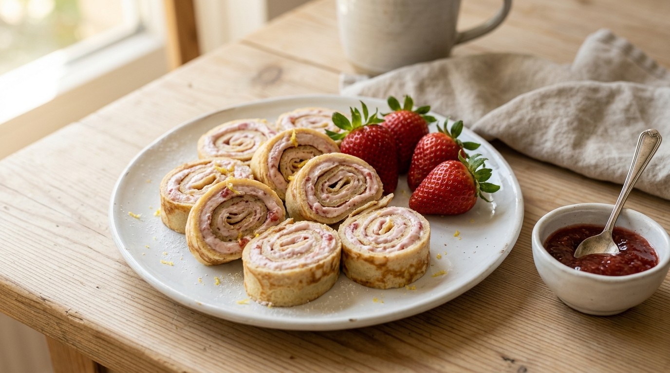 Pannenkoekrolletjes met Aardbeienroom