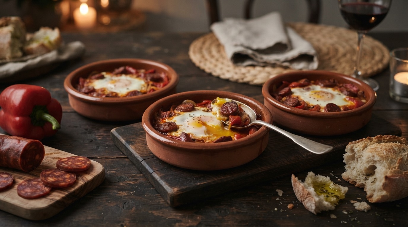 Paprika-ovenpotjes met ei en chorizo