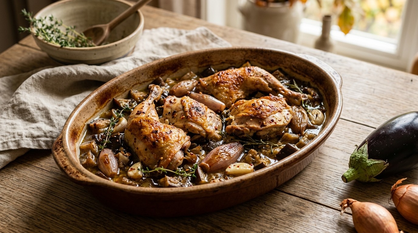 Parelhoen met aubergine