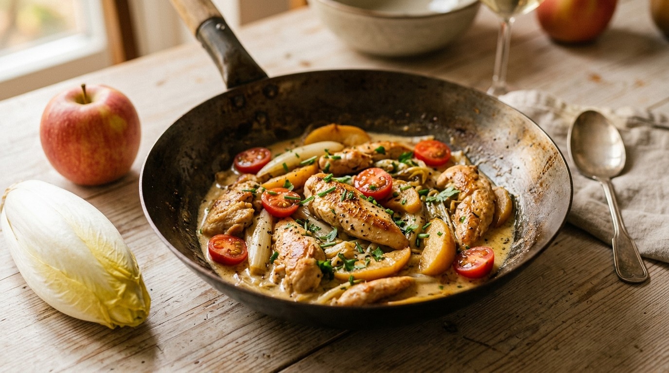 Parelhoenreepjes met witlof en appel in de wok