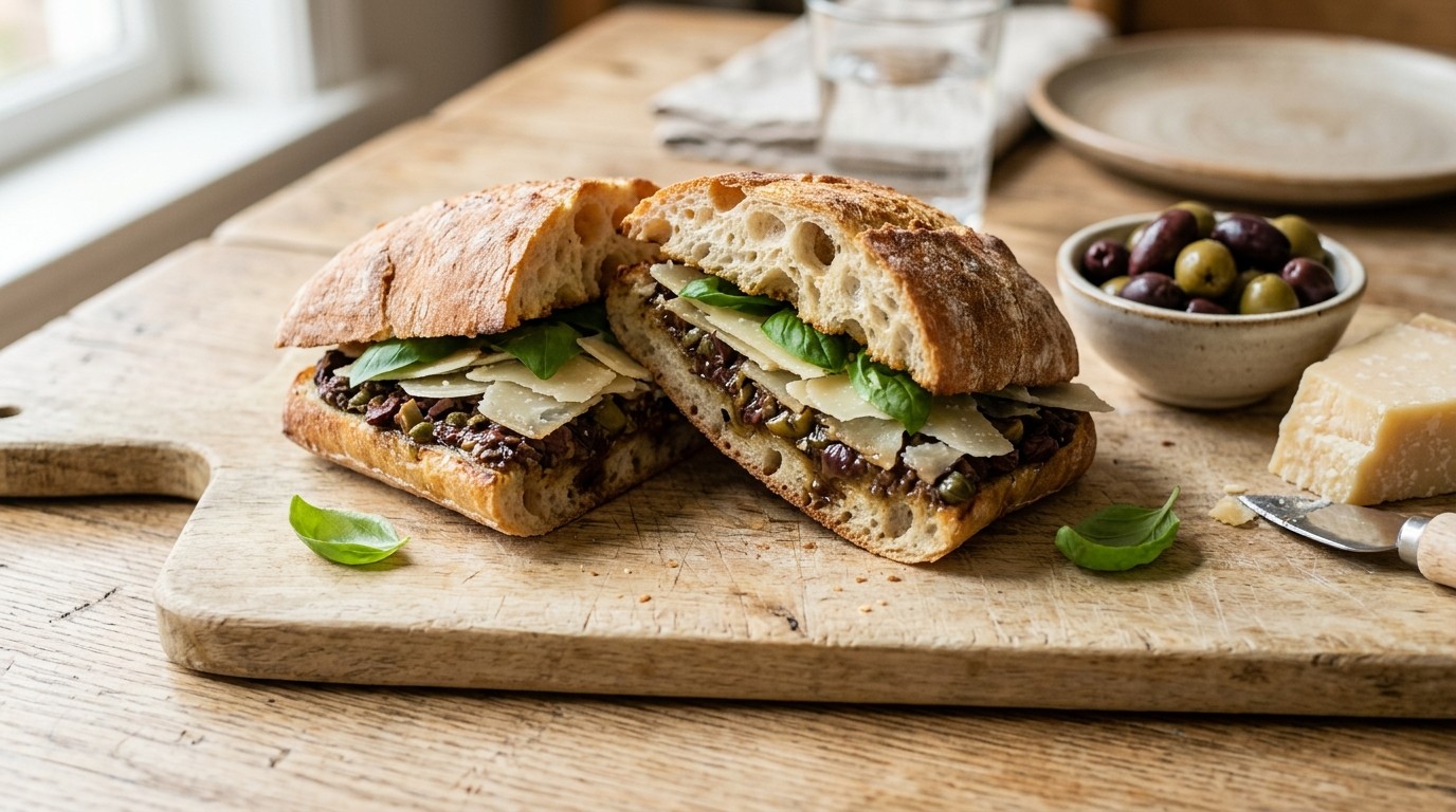 Parmezaan-sandwich met olijventapenade
