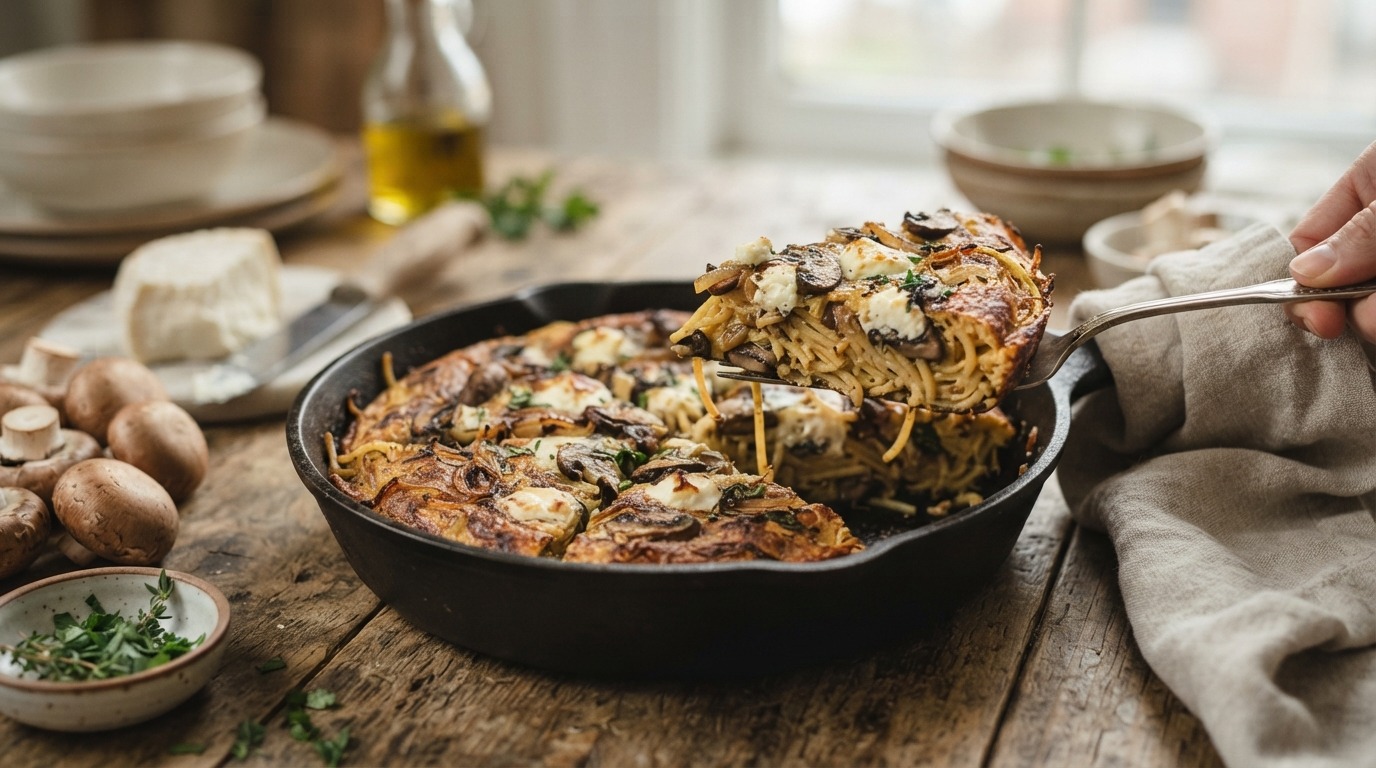 Pasta fritatta met paddestoelen
