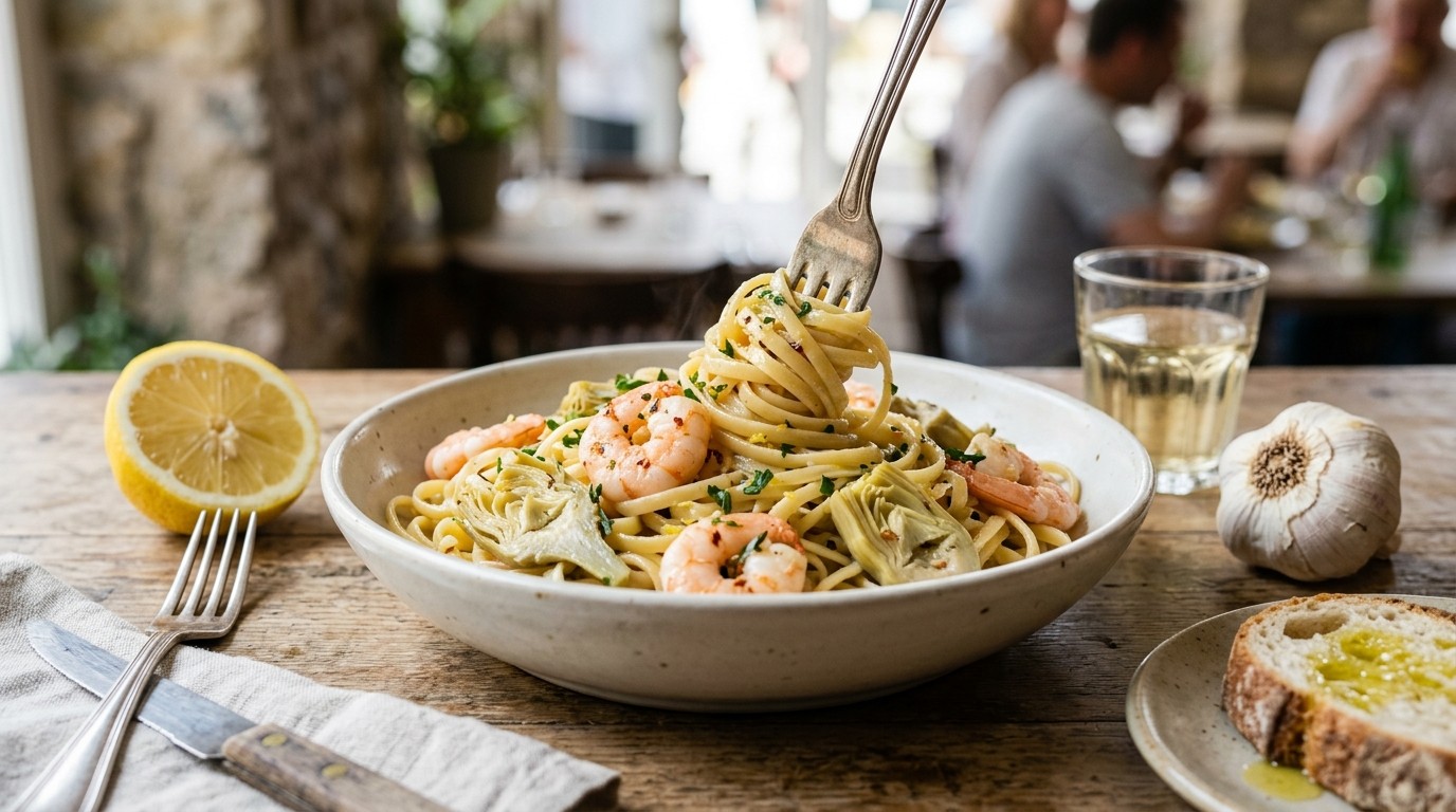 Pasta met Artisjokharten en Garnalen