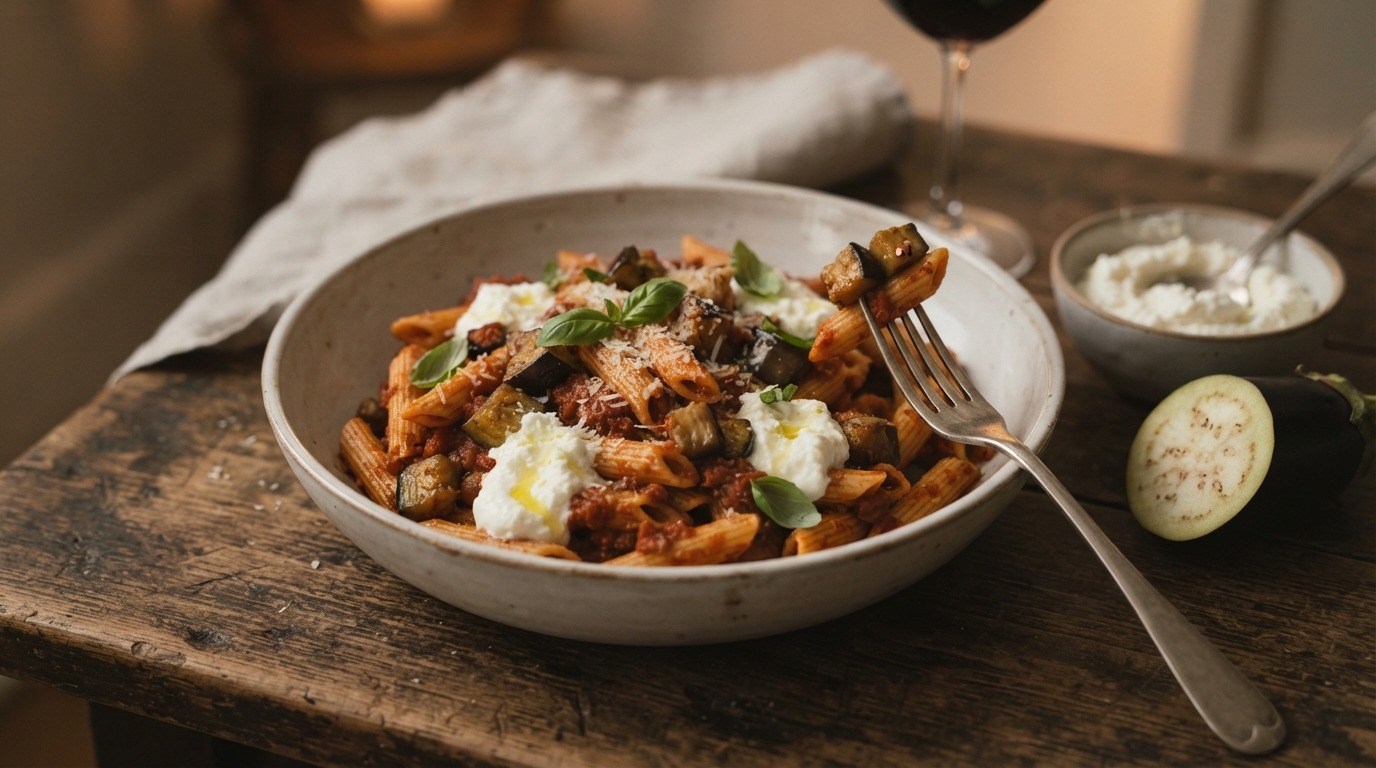 Pasta met aubergine en ricotta