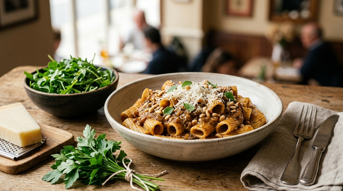 Pasta met Auberginesaus en Rucolasalade