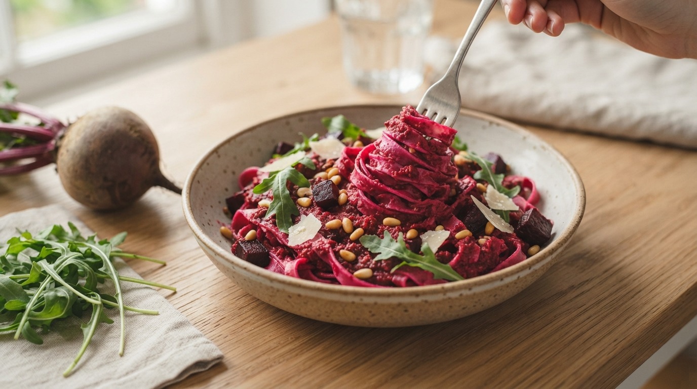 Pasta met bietjes en tomatenpesto