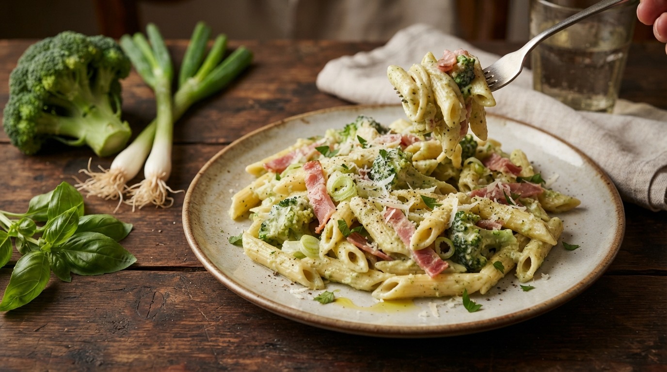 Pasta met broccoli, lenteui en hamreepjes in een pesto-roomsaus
