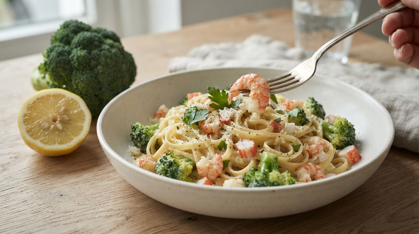 Pasta met broccoli, surimi en rivierkreeftjes