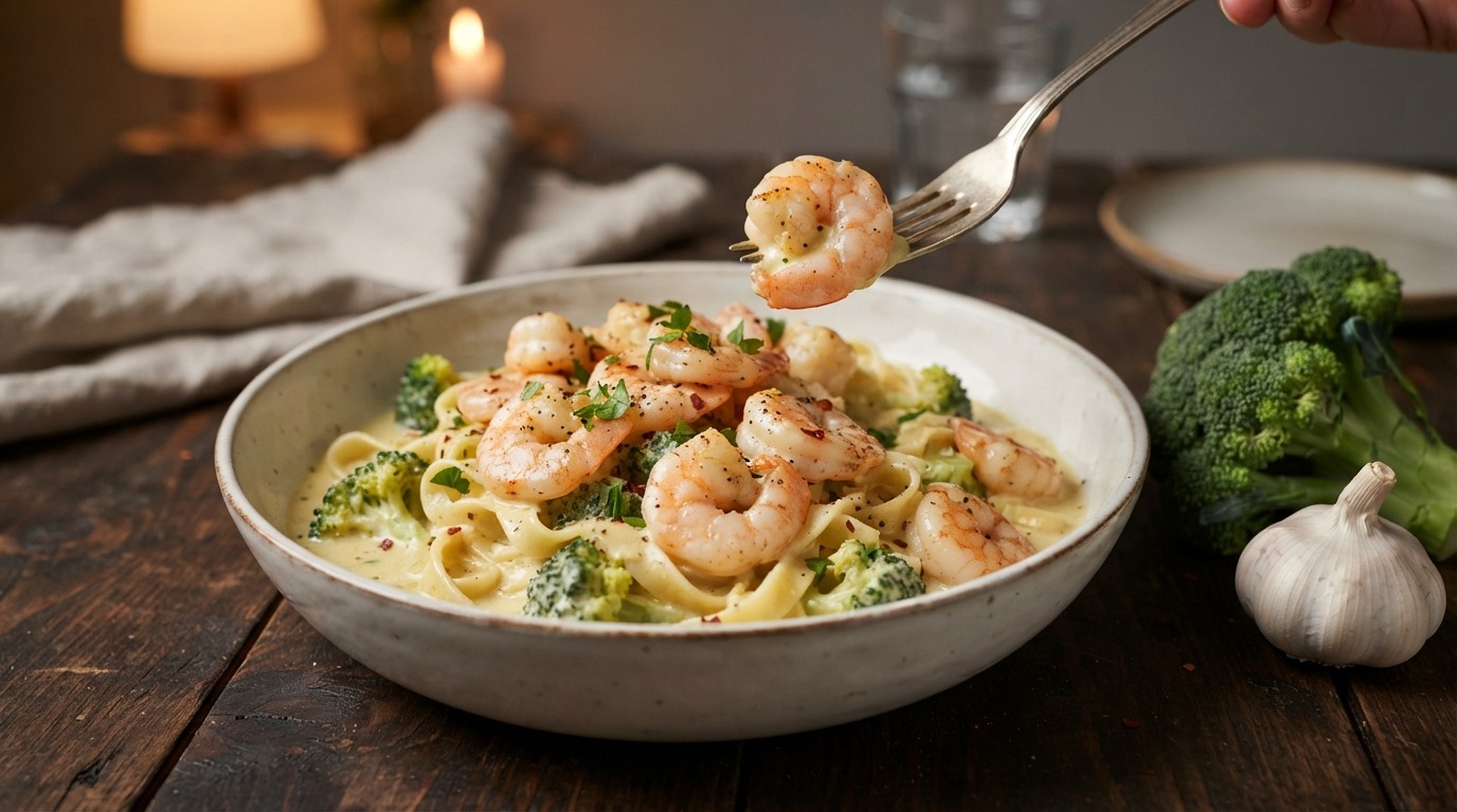 Pasta met broccolli en scampi's in currylookroomsaus