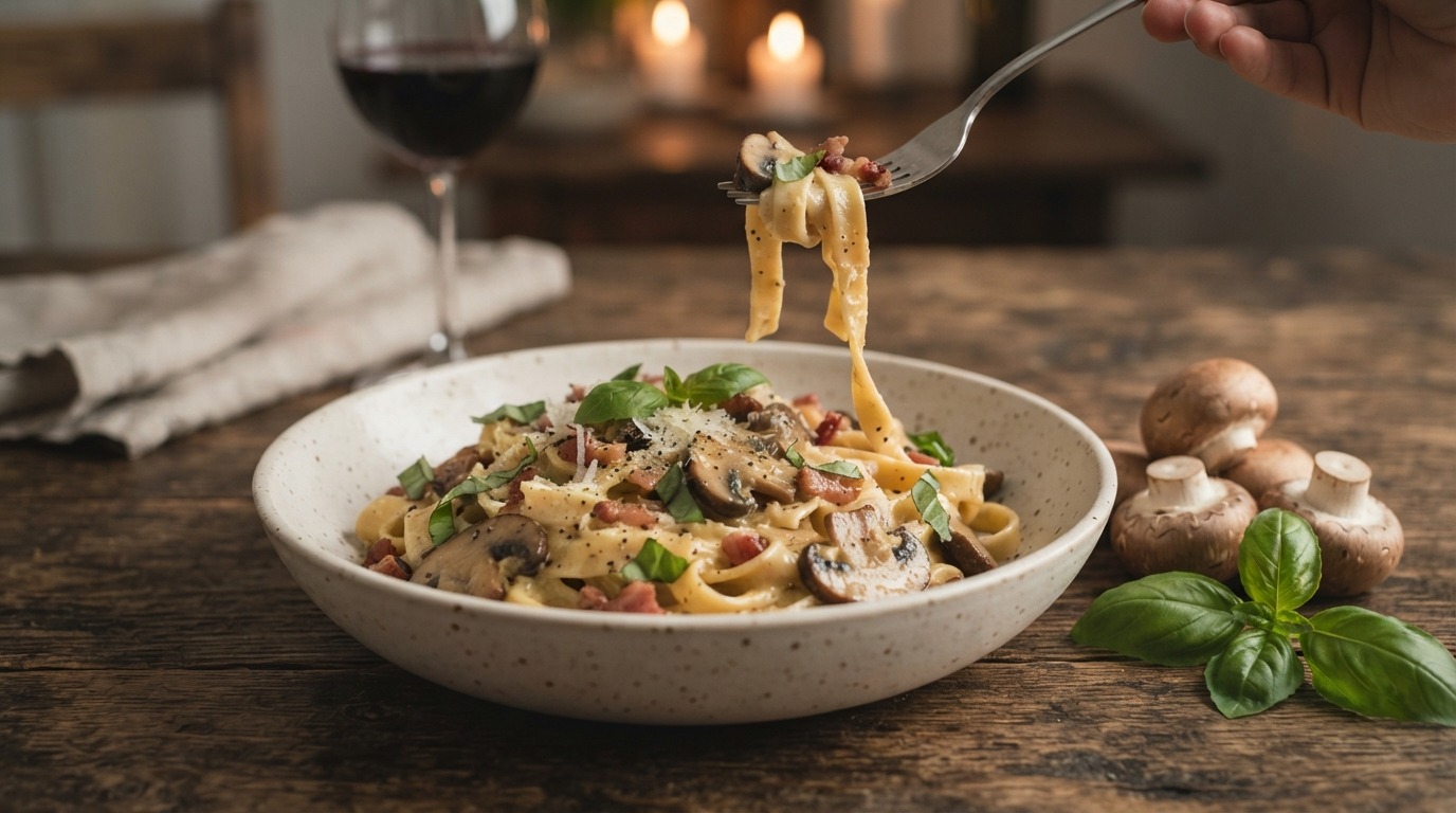 Pasta met champignons, spekjes en basilicum