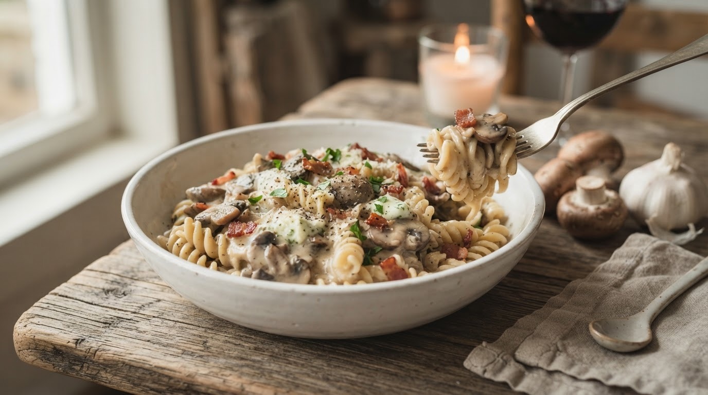 Pasta met champignonsoep