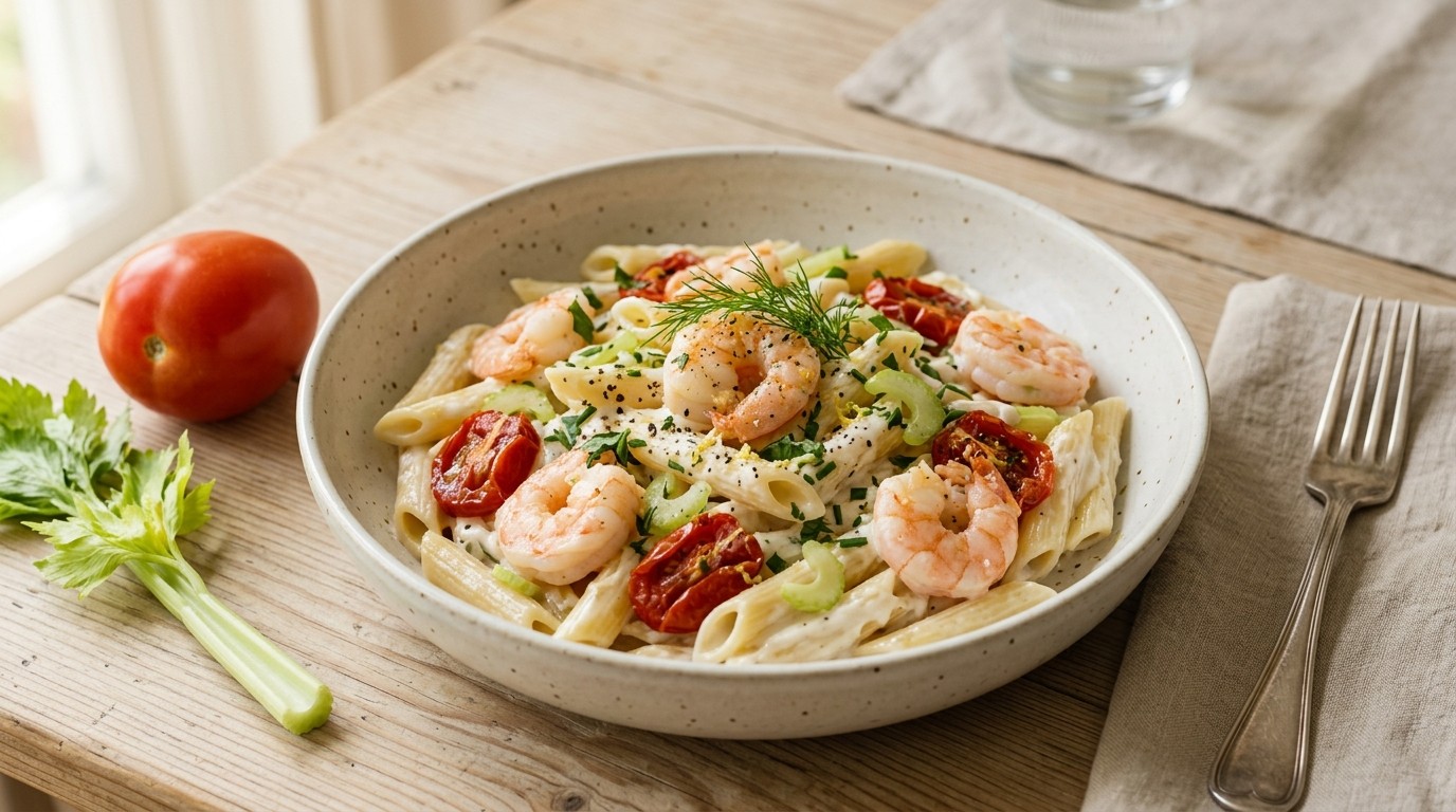 Pasta met gamba's en geitenkaassaus