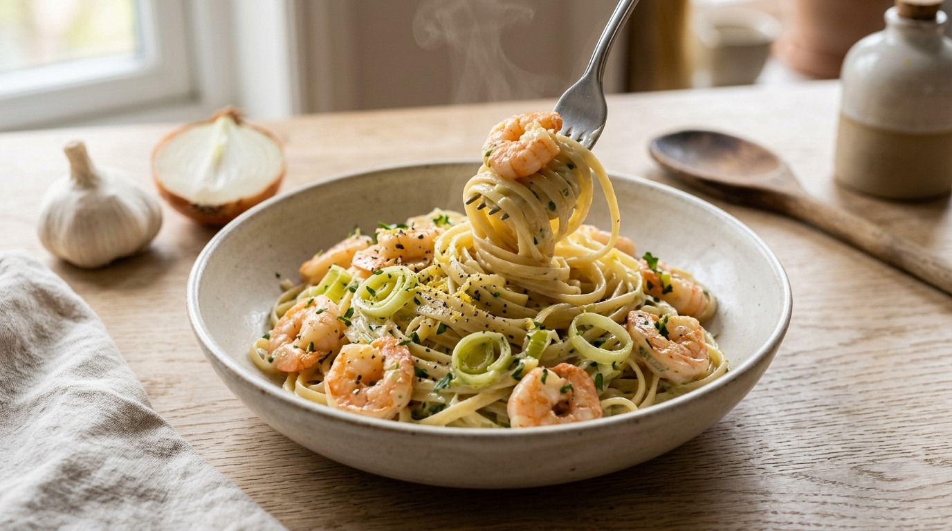 Pasta met Garnalen en Preiroomsaus